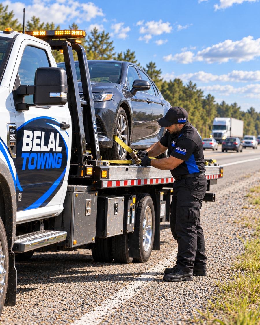 Dépanneuse à plateau Belal Towing avec une voiture attachée, au bord de l'autoroute